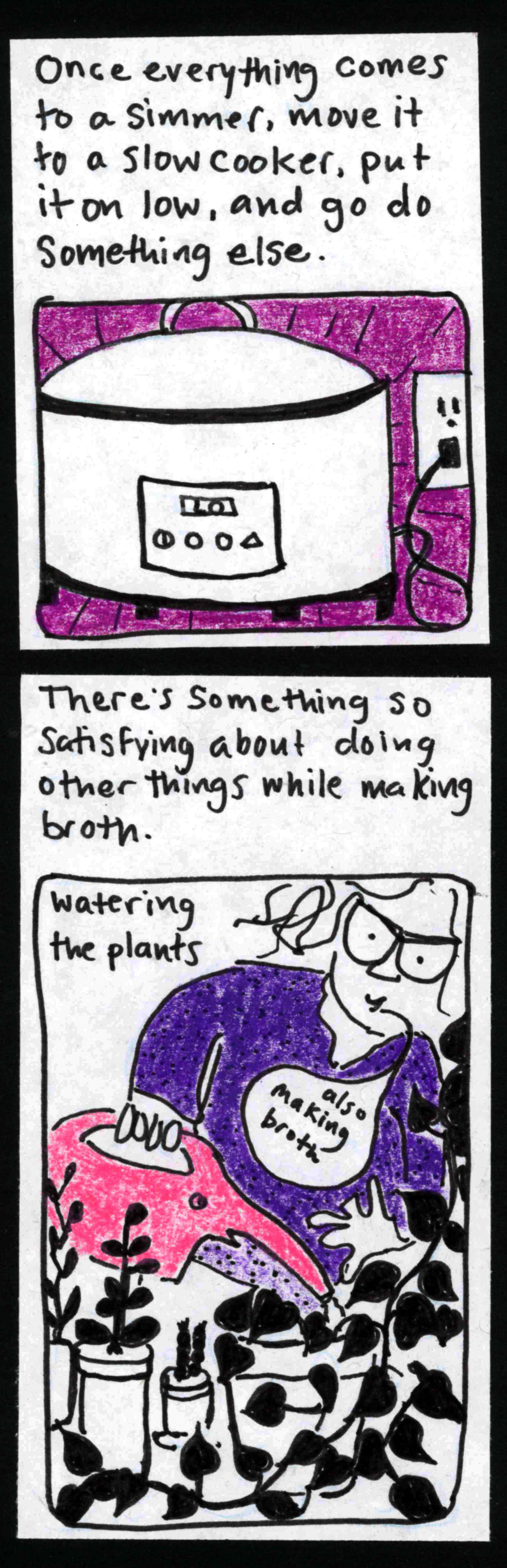 Once everything comes to a simmer, move it to a slow cooker, put it on low, and go do something else. (slow cooker on low) / There's something so satisfying about doing other things while making broth. watering the plants  (carolyn, watering plants with elephant-shaped watering can: also making broth. / 