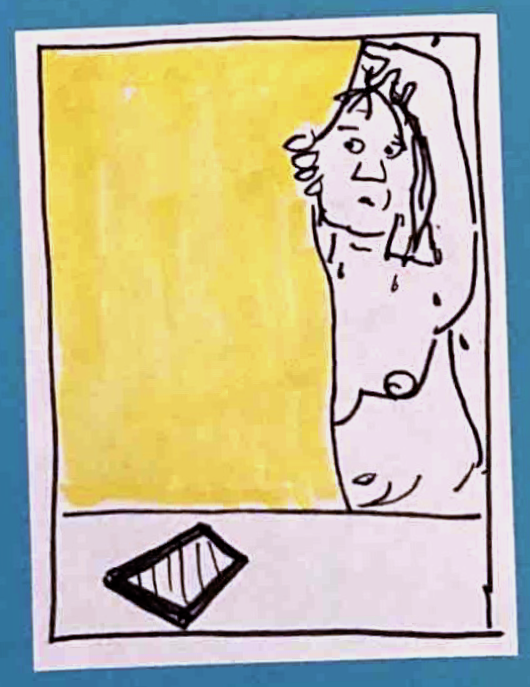 (Same setting,  Carolyn, dripping and with wet hair, pulling open yellow curtain, eyeballing the phone with a serious, thoughtful look)