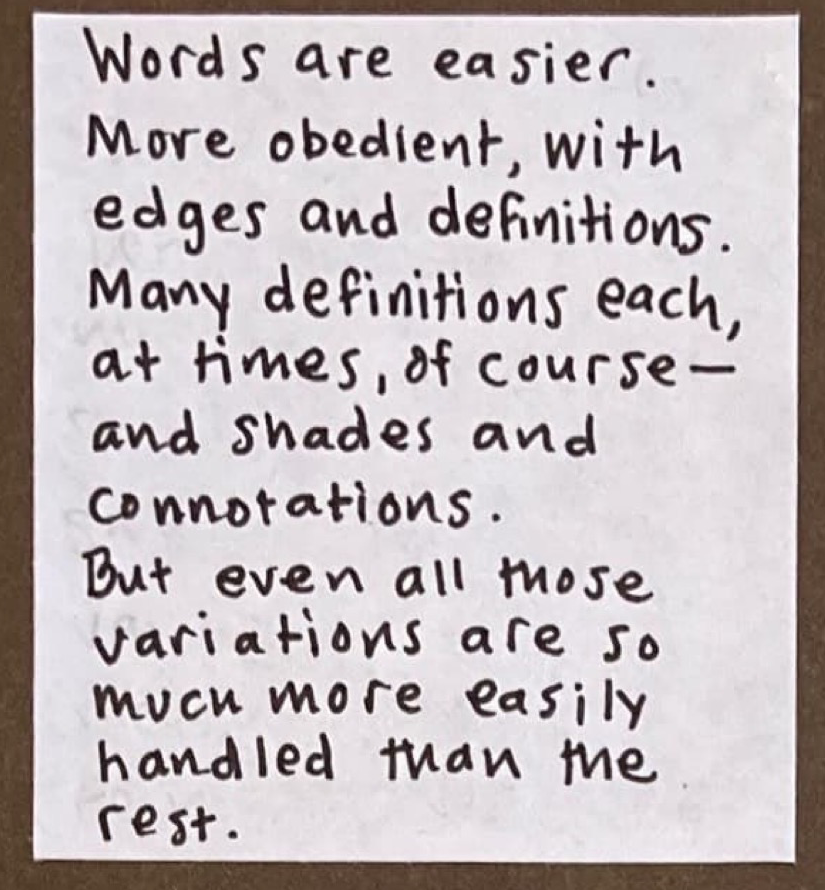 Words are easier. More obedient, with edges and definitions. Many definitions each, at times, of course — and shades and connotations. But even all those variations are so much more easily handled than the rest.