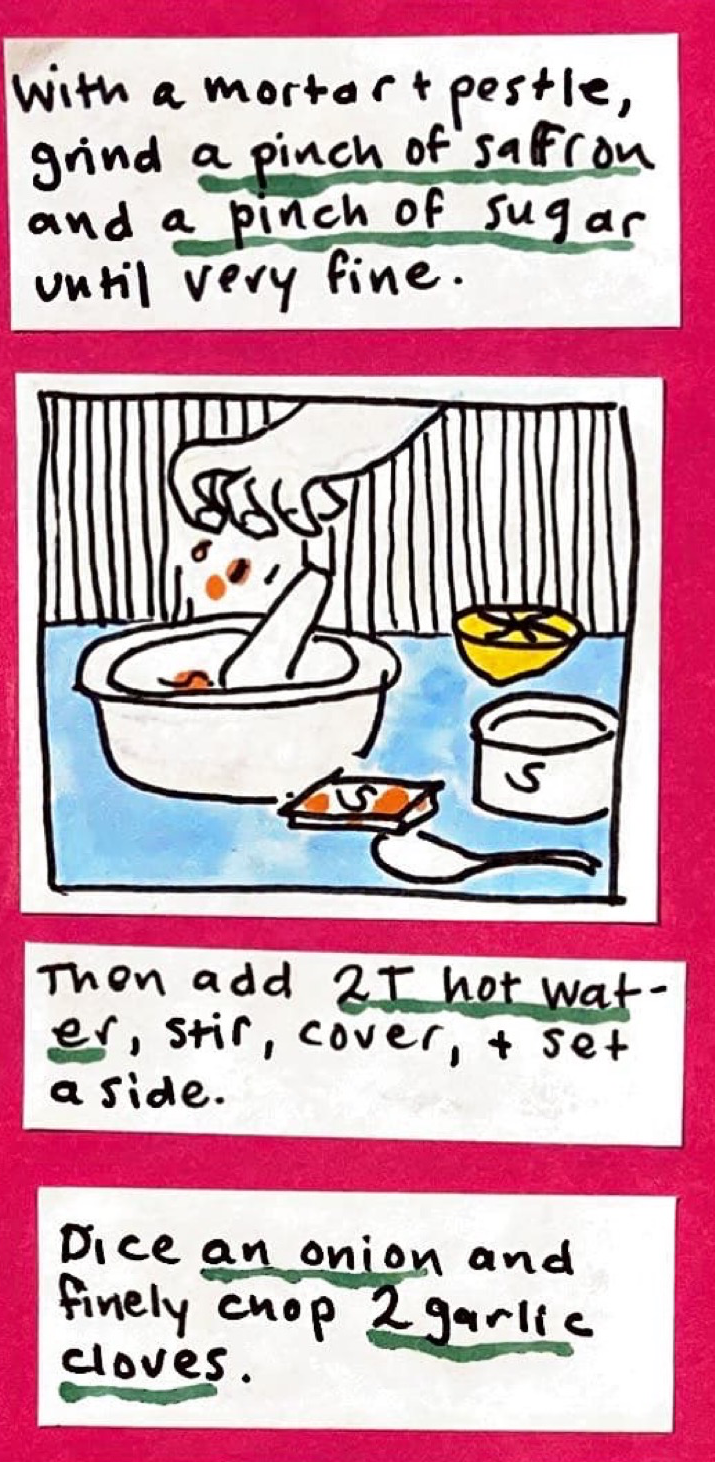 With a mortar & pestle, grind a pinch of saffron and a pinch of sugar until very fine. / (hand crumbling saffron bits into mortar&pestle, alongside sugar bowl, little saffron container, and half a lemon) / Then add 2 T hot water, stir, cover, and set aside. / Dice an onion and finely chop 2 garlic cloves.