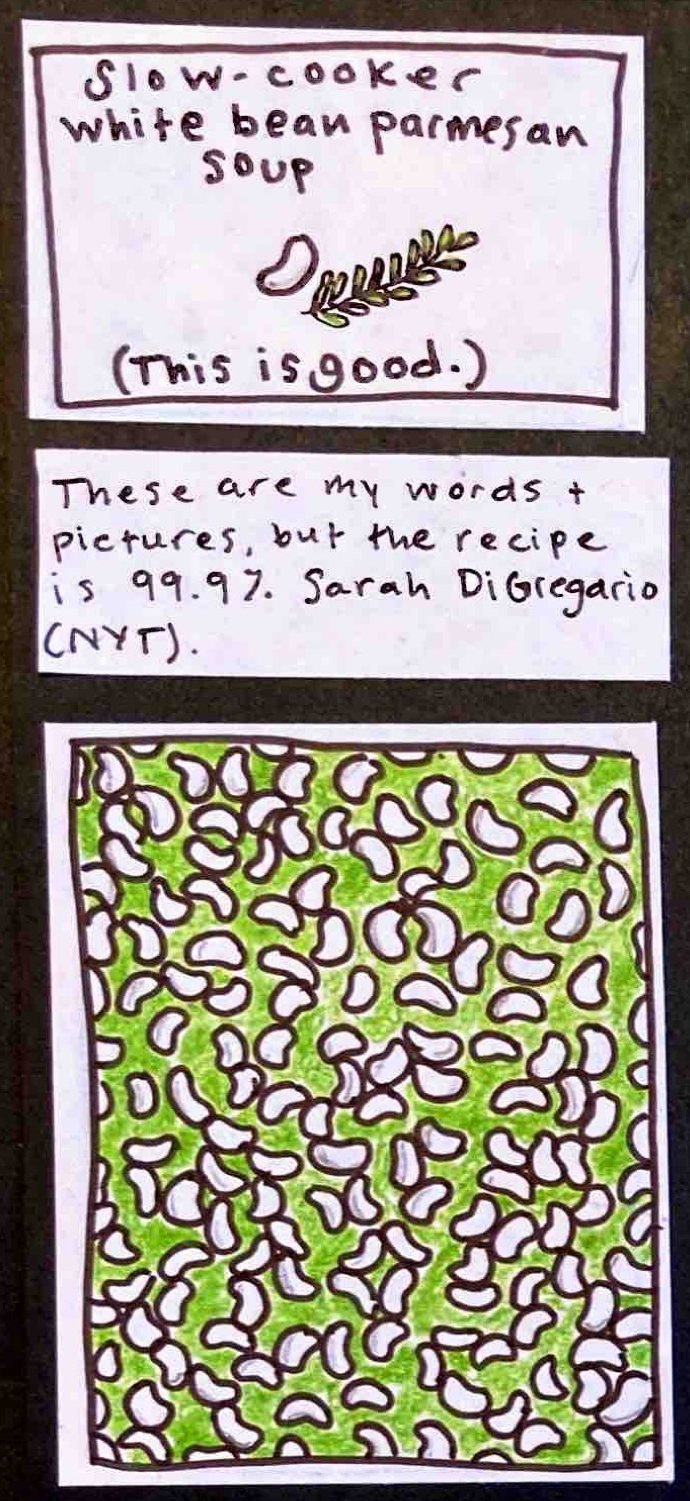 (This is good.) slow-cooker white bean parmesan soup (bean, rosemary sprig) / These are my words & pictures, but the recipe is 99.9% Sarah DiGregario (NYT). / (many many small white beans on a green surface) 