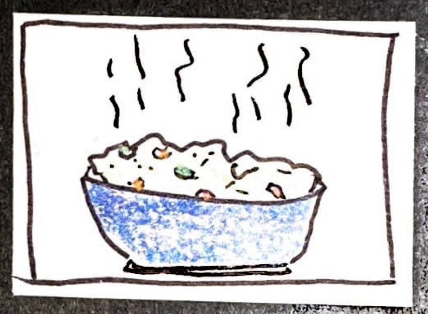(Blue bowl full of steaming fried rice.)