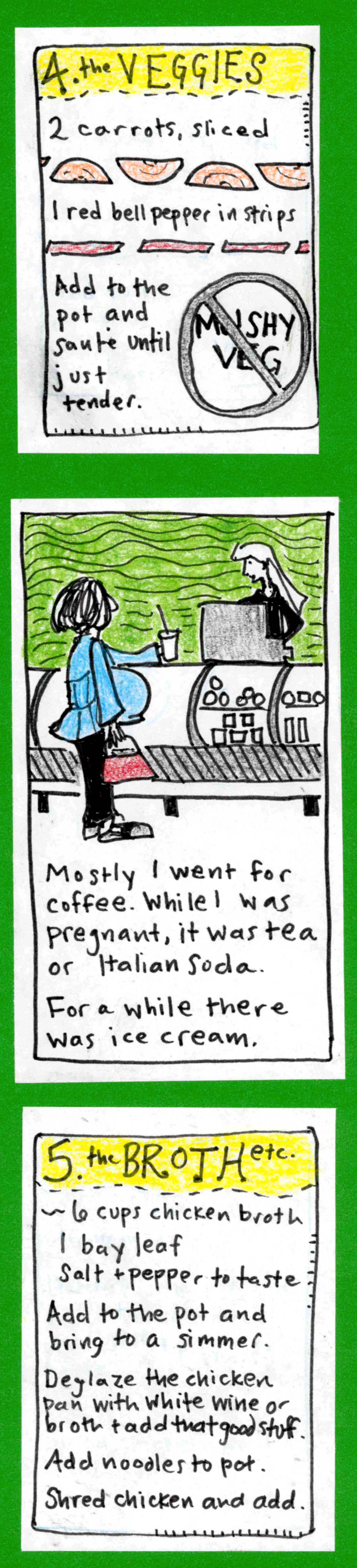 4. the VEGGIES. 2 carrots, sliced, 1 red bell pepper in strips. Add to the pot and sauté until just tender. (half-moon-shaped carrots, thin rectangular red peppers. the words MUSHY VEG in a circle, struck through.) / (pregnant carolyn in profile, at the counter; cashier with long hair) Mostly I went for coffee. While I was pregnant, it was tea or Italian soda. / For a while there was ice cream. / 5. the BROTH etc. ~6 cups chicken broth, 1 bay leaf, salt &
pepper to taste. Add to the pot and bring to a simmer. Deglaze the chicken skillet with white wine or broth, and add that good stuff. Add noodles to pot. Shred chicken and add.