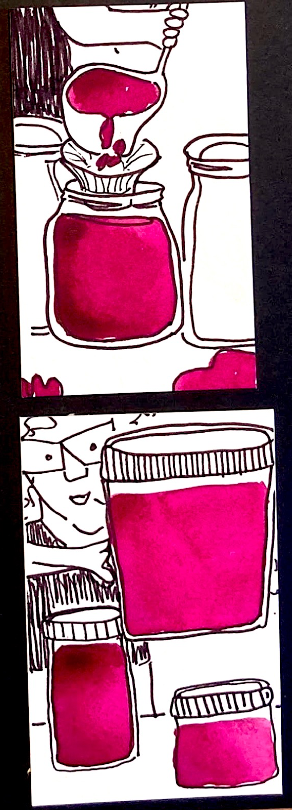 (carolyn ladling jam through a funnel into a jar. jam spilled on the counter) / 3 full jars of jam, 2 on the counter and one being held by miniature background carolyn)