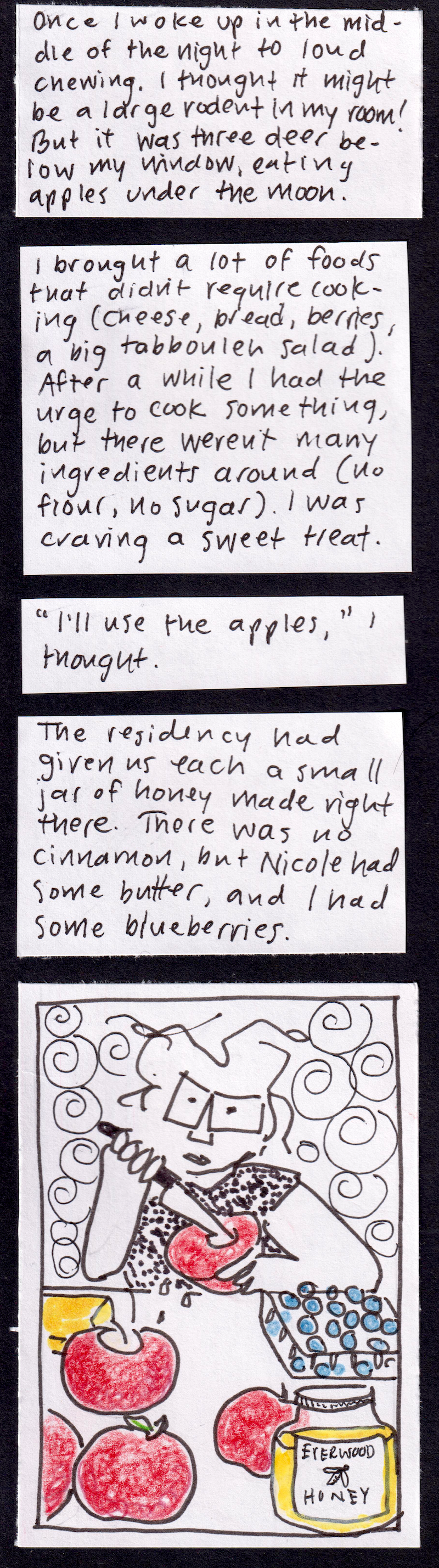 Once I woke up in the middle of the night to loud chewing. I thought it might be a large rodent in my room! But it was three deer below my window, eating apples under the moon. / I brought a lot of foods that didn't require cooking (cheese, bread, berries, a big tabbouleh salad). After a while I had the urge to cook something, but there weren't many ingredients around (no flour, no sugar). I was craving a sweet treat. / "I'll use the apples," I
thought. / The residency had given us each a small jar of honey made right there. There was no cinnamon, but Nicole had some butter, and I had some blueberries. / (carolyn precariously carving out the core of an apple. In foreground several apples, jar of honey, box of blueberries, stick of butter on a plate. 