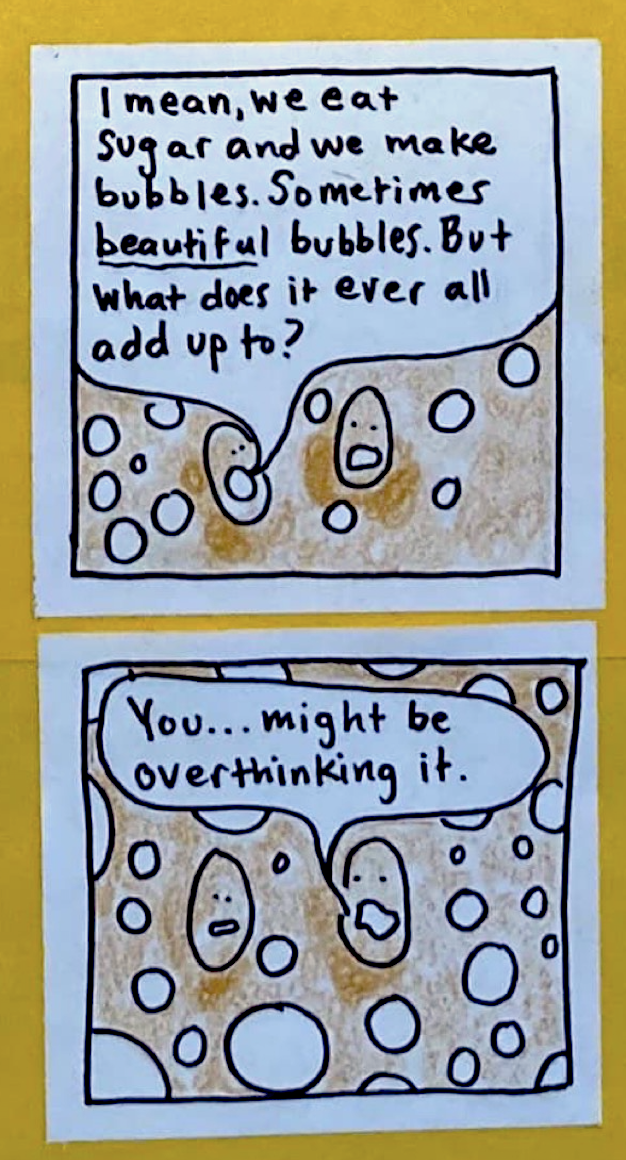 (Yeast Beings in conversation) YB A: I mean, we eat sugar and we make bubbles. Sometimes BEAUTIFUL bubbles. But what does it ever all add up to? Yeast Being B: You ... might be overthinking it.