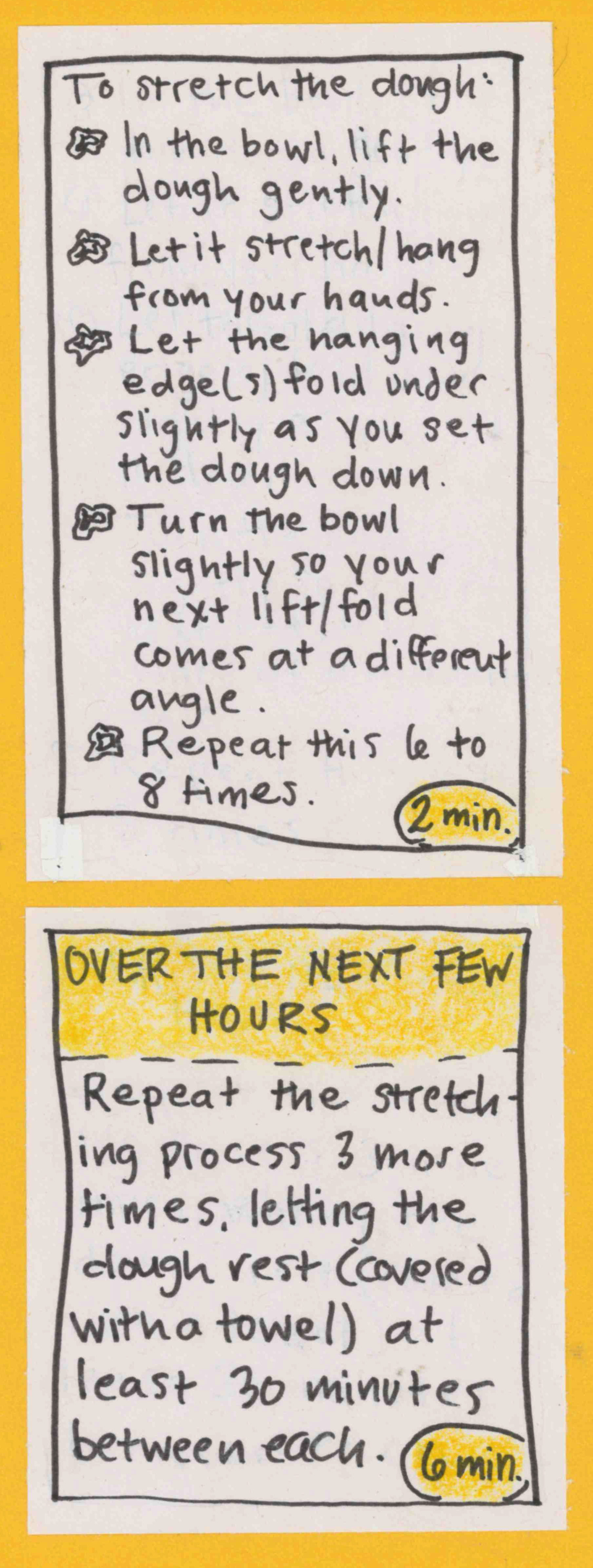 To stretch the dough: In the bowl, lift the dough gently. Let it stretch/hang from your hands. Let the hanging edge(s) fold under slightly as you set the dough down again. Turn the bowl slightly so your next lift/fold comes at a different angle. Repeat this 6 to 8 times. (2 min) / OVER THE NEXT FEW HOURS Repeat the stretching process 3 more times, letting the dough rest (cover the bowl with a towel) at least 30 minutes between each (6 min).