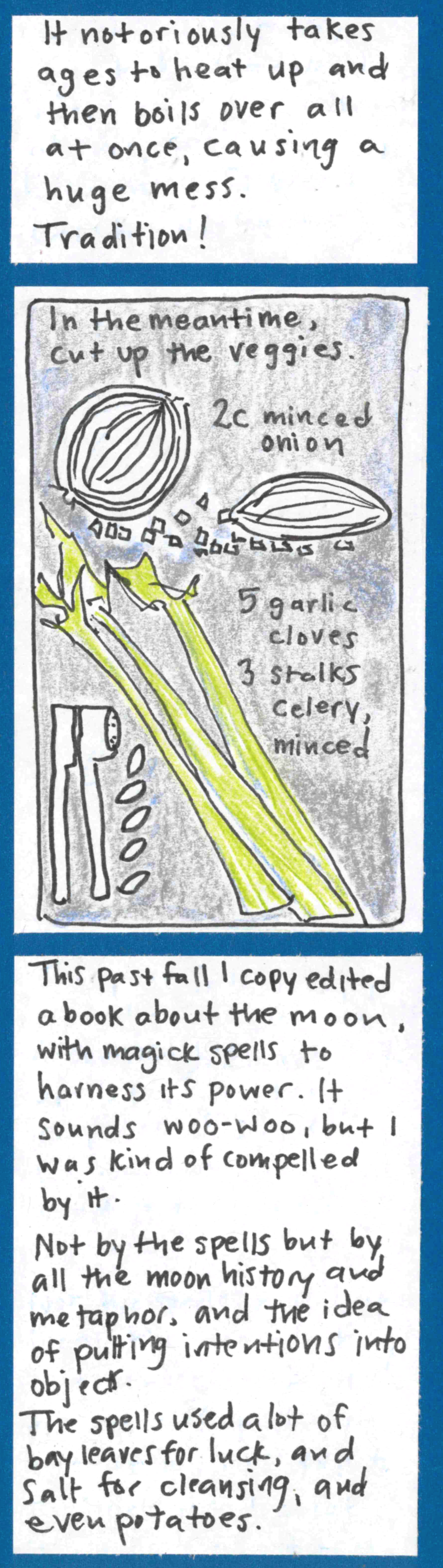 In the meantime, cut up the veggies. 2 c minced onion. 5 garlic cloves. 3 stalks celery, minced. (drawings of ingredients) / This past fall I copy edited a book about the moon, with magick spells to harness its power. It sounds woo-woo, but I was kind of compelled by it. Not by the spells, but by all the moon history and metaphor, and the idea of putting intentions into objects. The spells used a lot of bay leaves for luck, and salt for cleansing, and even
potatoes.