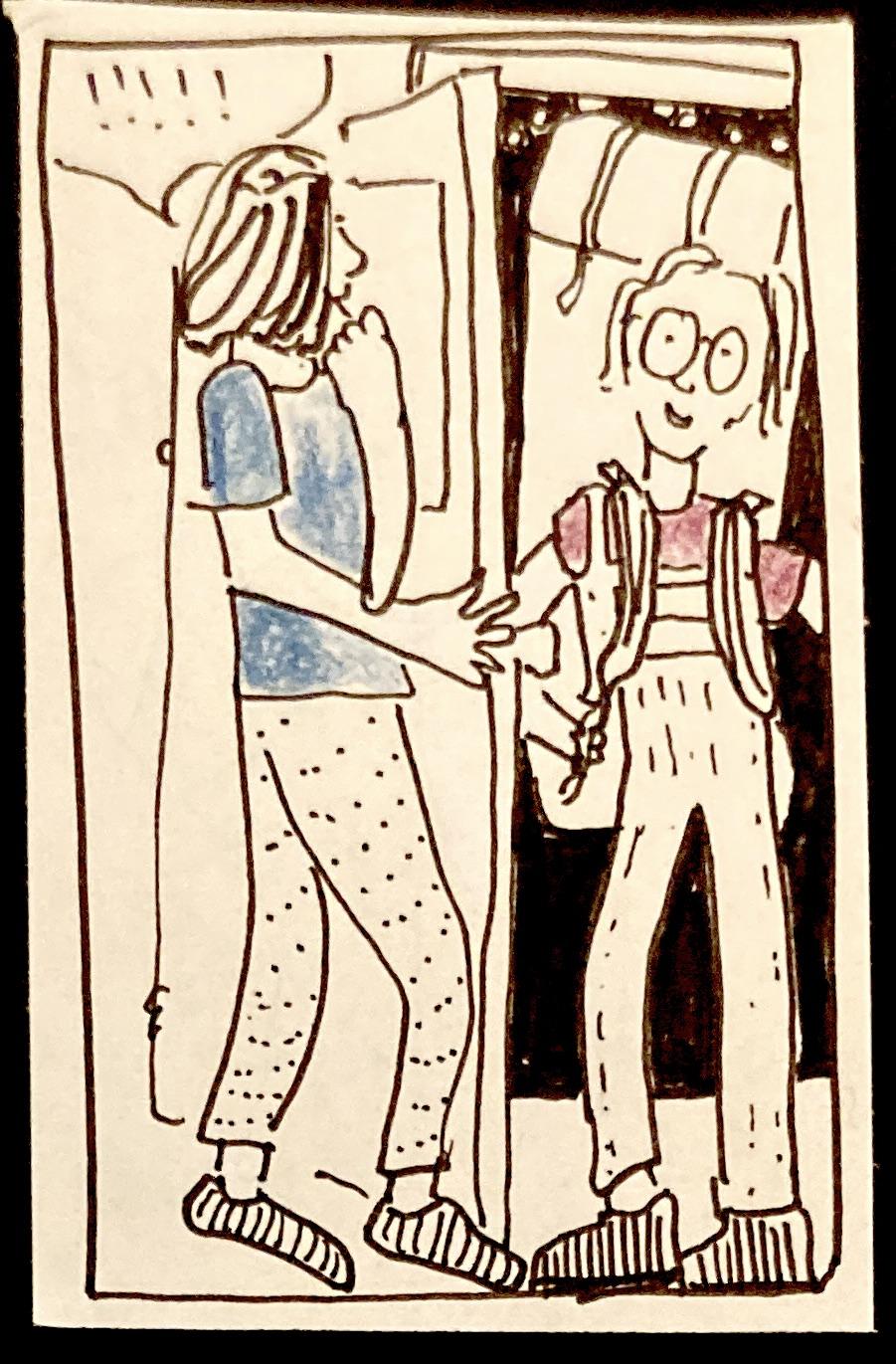 (Young skinny carolyn at the door wearing big round glasses and a huge backpack, starry sky behind her. Mom opening the door saying !!!!!!!