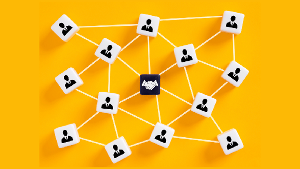 an associative network of blocks on yellow background