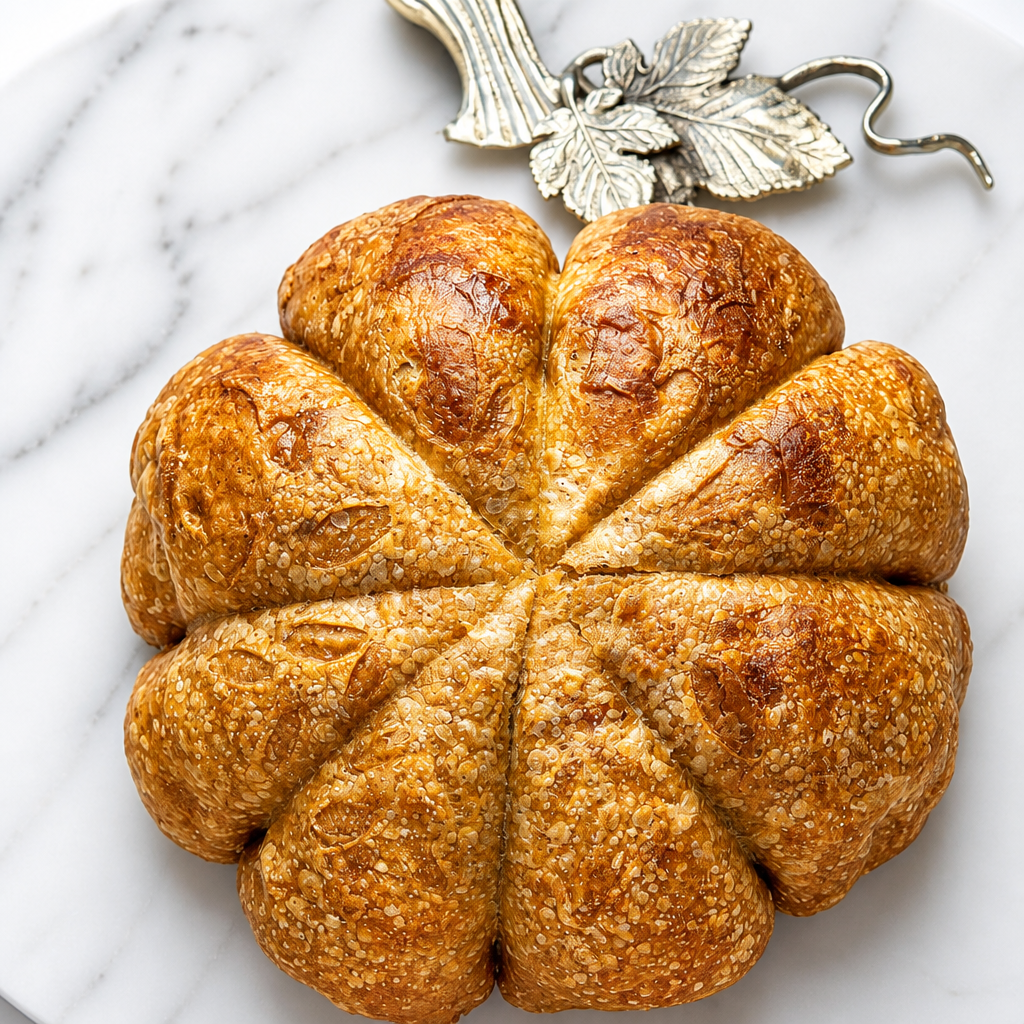 Pumpkin spice cinnamon swirl sourdough shaped like a pumpkin
