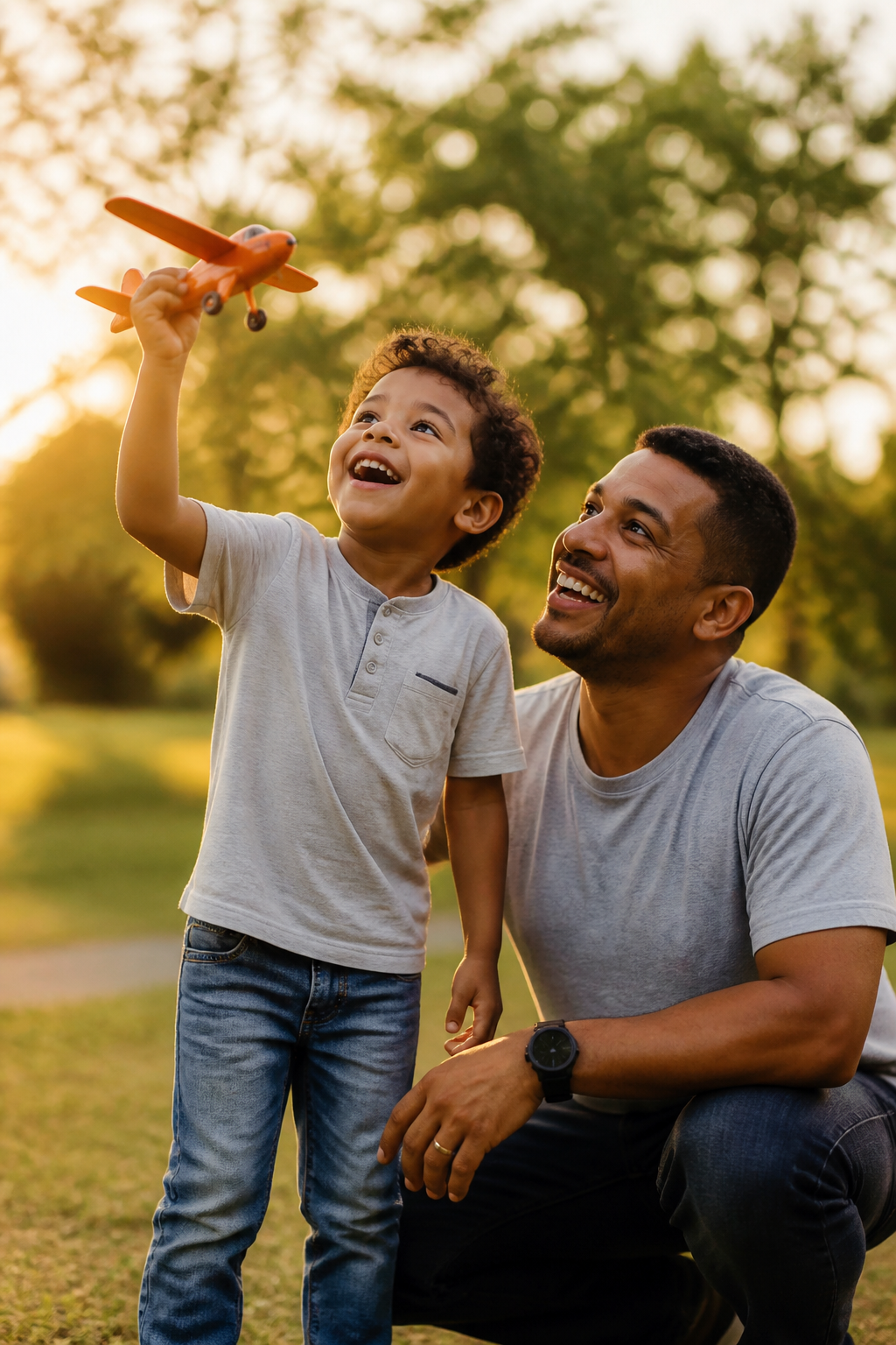 A father and his young son playing outdoors in a sunlit park, laughing together as the boy holds up a toy airplane