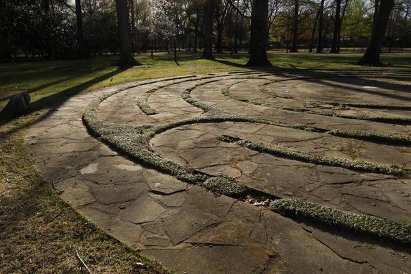 Curving flagstone pathway with grass and trees in background