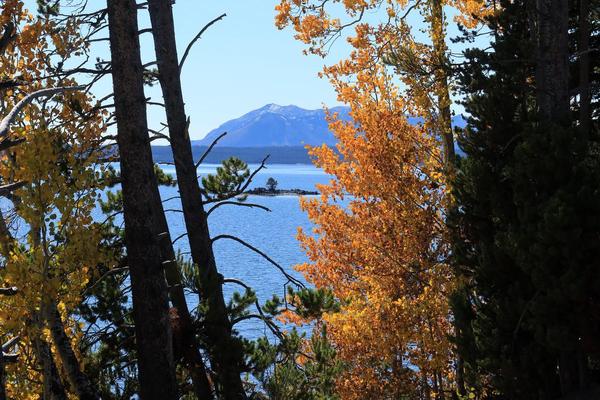 Small island in large lake with orange aspen trees in foreground and mountains in background.