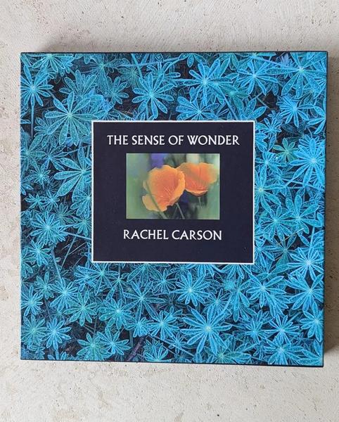 The book cover of The Sense of Wonder by Rachel Carson. The cover has a blue flower pattern background with a photo of two orange flowers enclosed in a black rectangle at the center.