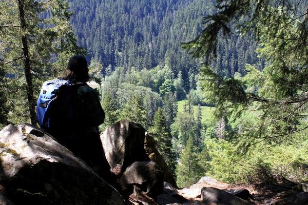A person with a blue backpack leans against a large rock surveying a lush forest scene in the valley far below in Olympic National Park.