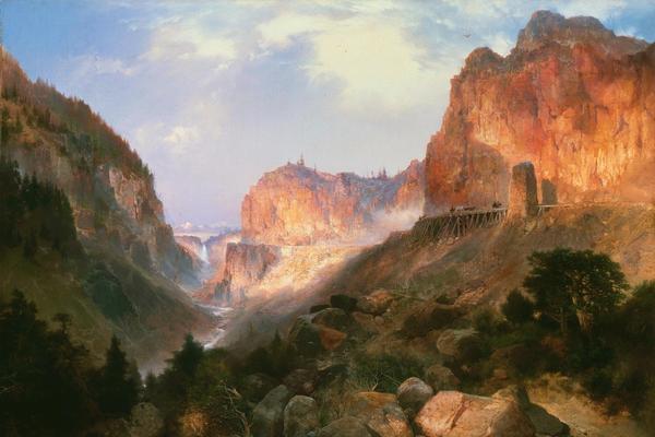 A dramatic canyon landscape in a painting by Thomas Moran with steep rocky cliffs, a river winding through the valley, dense trees on the slopes, and a wooden bridge crossing the gorge under a partly cloudy sky.