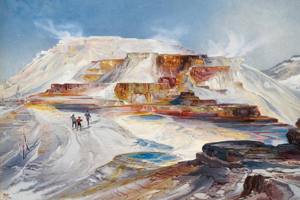 A colorful painting of hot springs in Yellowstone captures the steaming terraces in vibrant orange, white, and brown hues. Three figures stroll along the path beside a small pool in the foreground. The sky is clear with a few clouds overhead to complete this Yellowstone masterpiece by artist Thomas
Moran.