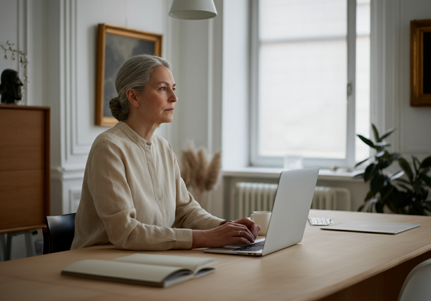 Woman working on her laptop at a wooden desk in a bright home office