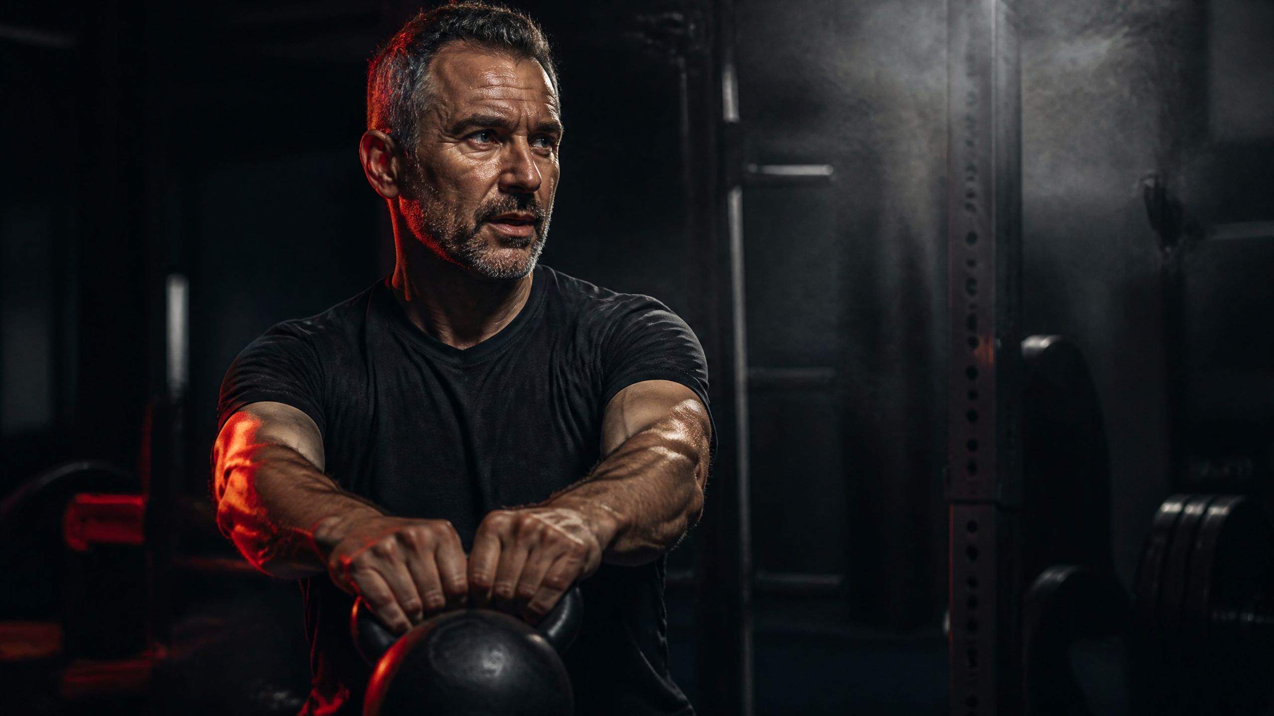 A fit man in his forties training with a barbell in a dark strength gym