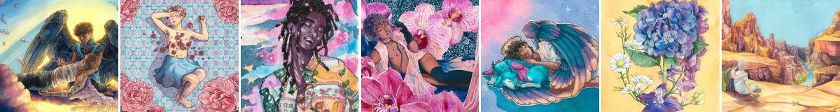 A banner of seven watercolor paintings, featuring multiple vibrant colors, diverse characters in gender, race, and disability, and lots of intricately painted flowers.