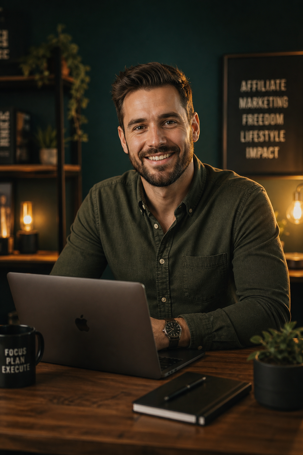 Jordan Vale, affiliate marketing mentor, smiling at a desk