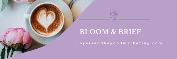 A cappuccino with heart art next to a pink peony on a white surface. Beside it, the text "Bloom & Brief" on a purple background adds an elegant vibe.