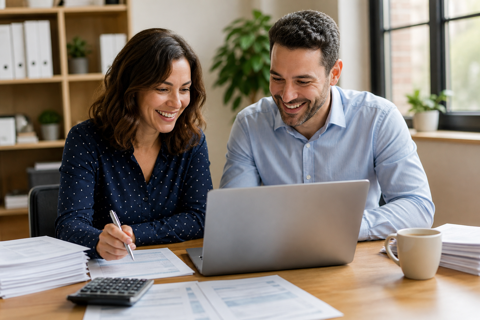 Two smiling tax professionals reviewing a client return together on a laptop in a bright office