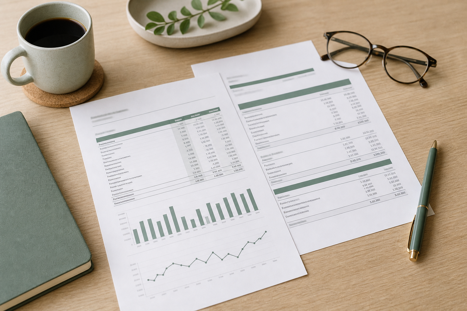 A printed Profit and Loss statement and balance sheet with charts on a tidy desk