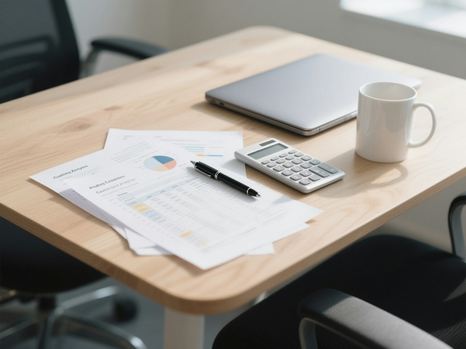 An organized desk with financial reports, a calculator and laptop used to manage accounts payable