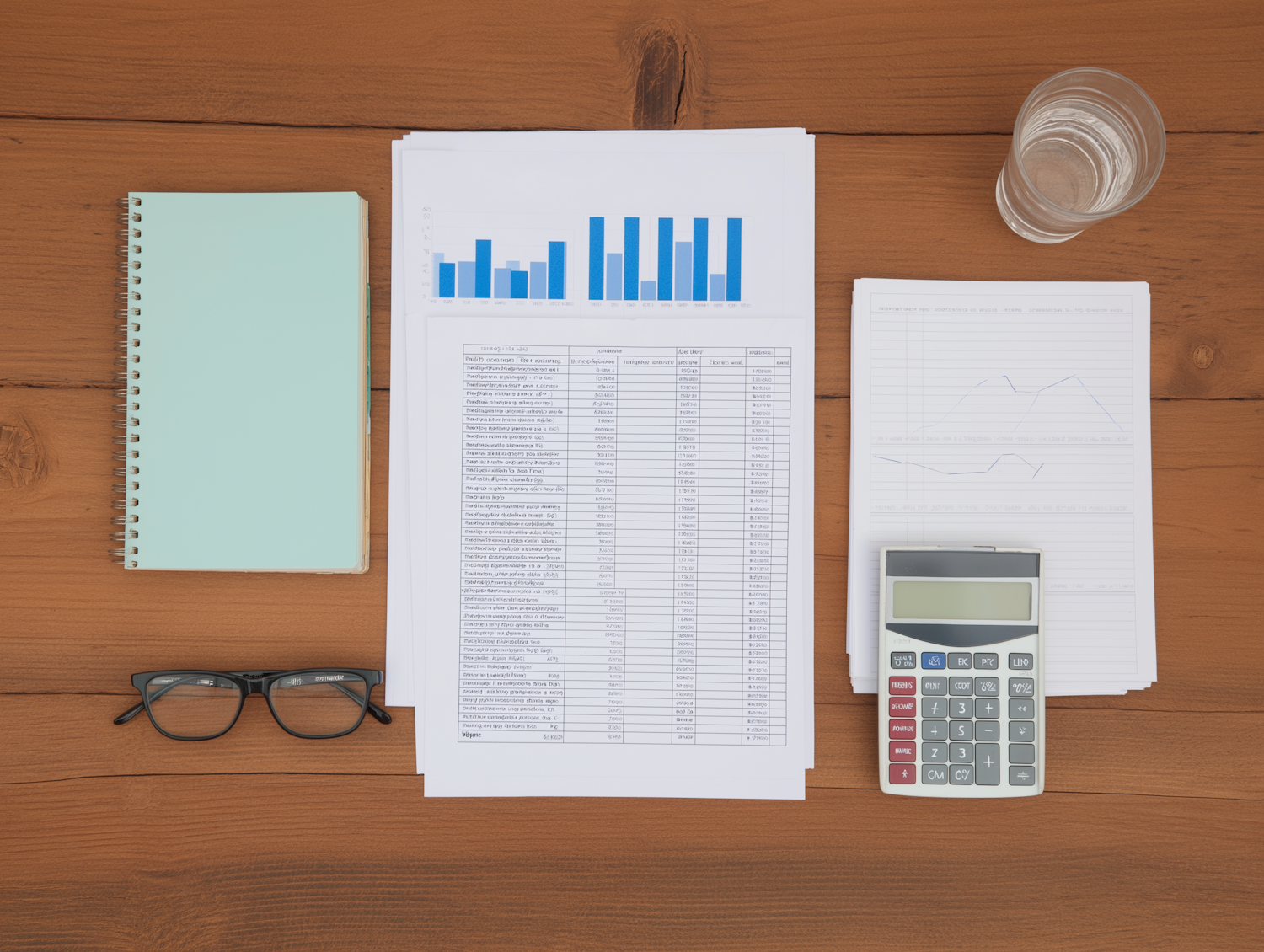 An organized tax-prep workspace with a notebook, glasses, a calculator, and neatly arranged financial statements on a wooden desk