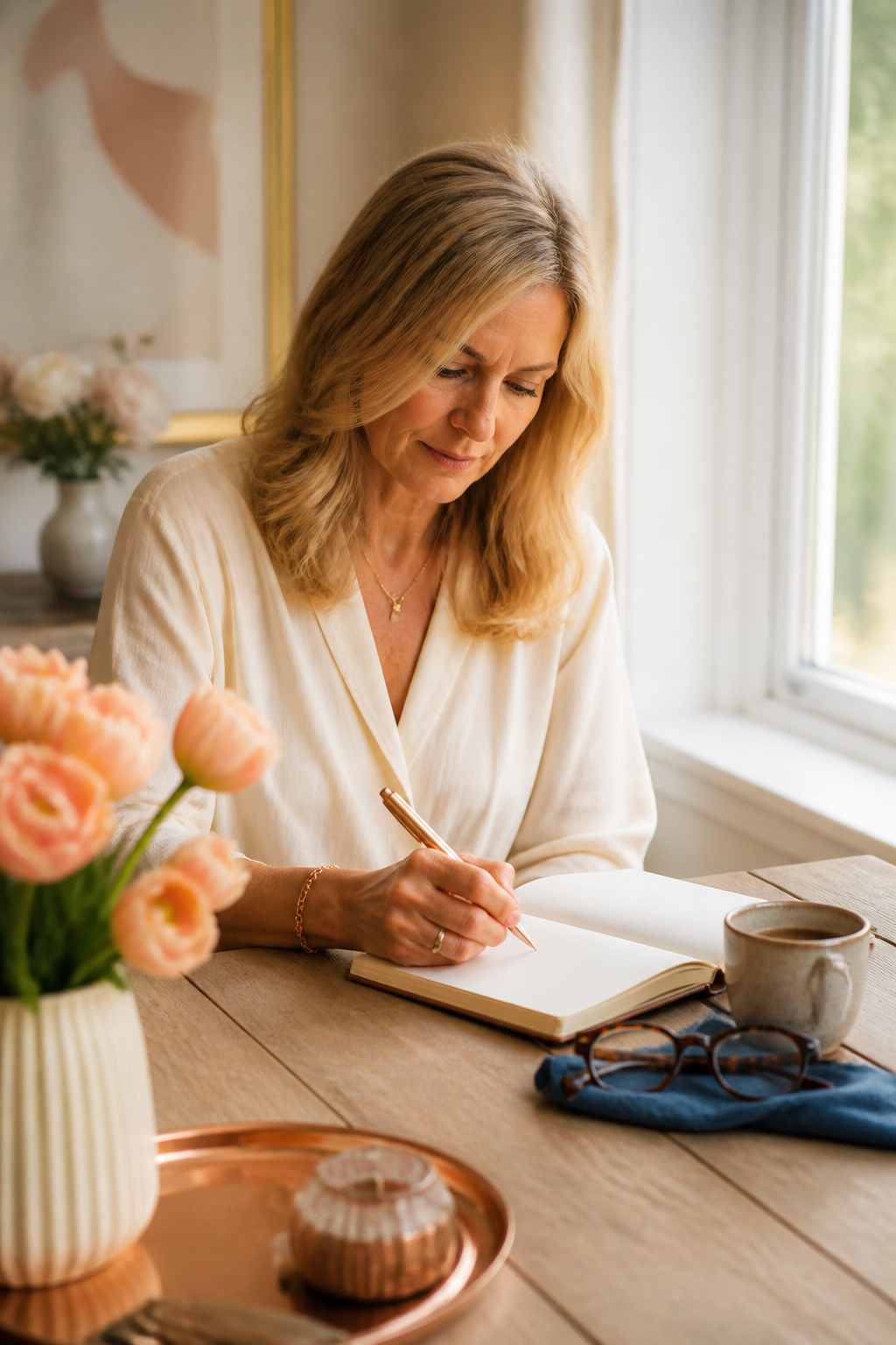 A woman journaling quietly at a sunlit table with a notebook, reading glasses and rose-gold pen