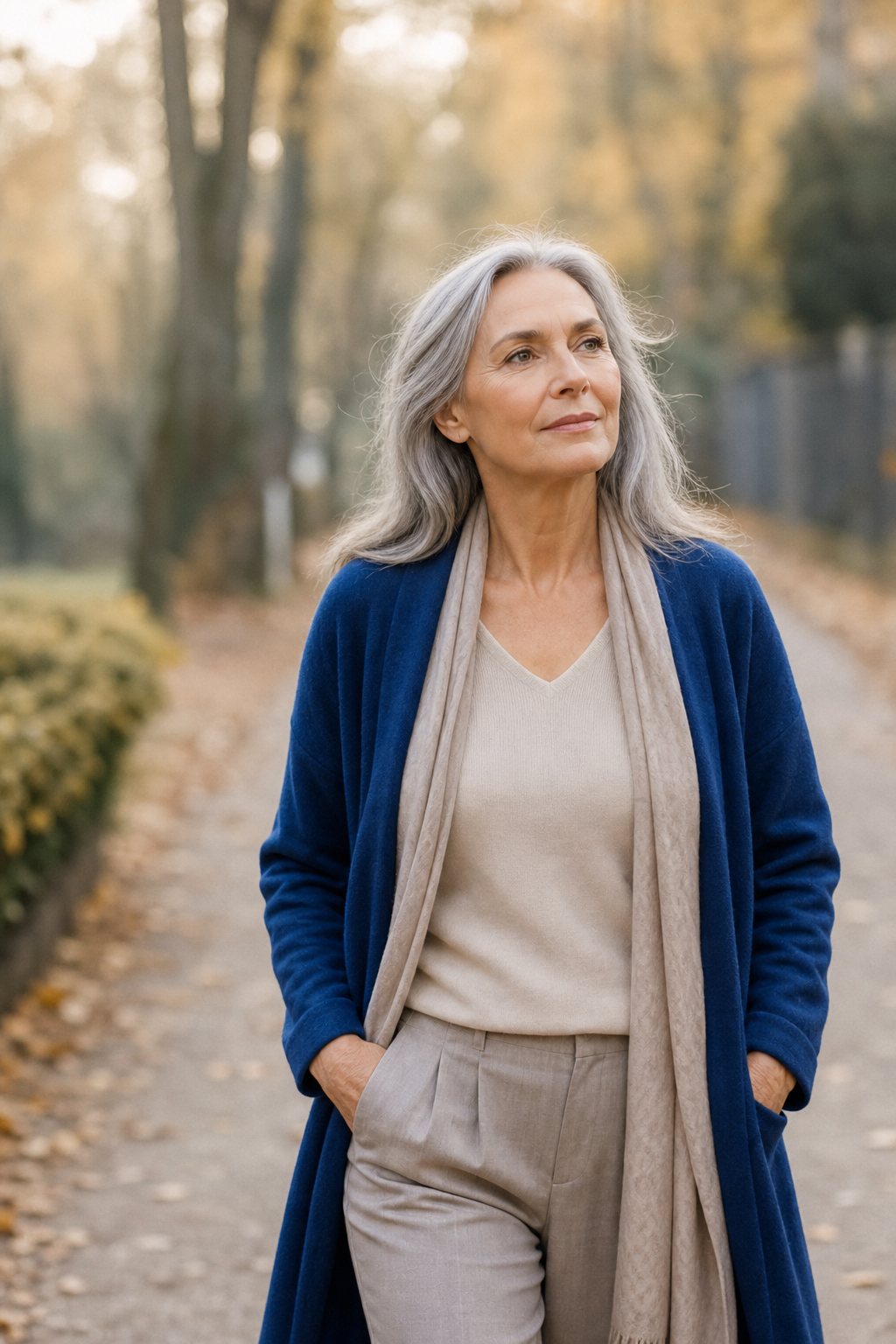 A woman in a royal-blue coat walking outdoors with quiet confidence in soft golden light