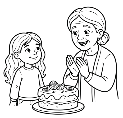 A black and white line art coloring page depicting an elderly grandmother with her hair in a bun clapping her hands joyfully. She stands beside a young girl with long wavy hair. Between them on a plate is a decorated cake topped with fruit slices.