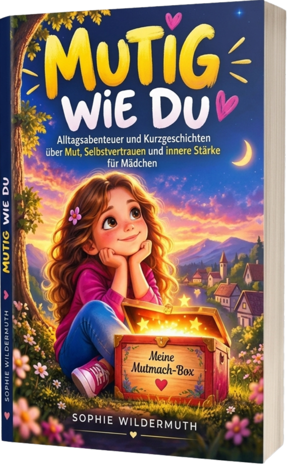 Front cover of the German children's book "MUTIG WIE DU" by author Sophie Wildermuth. The colorful cover features an illustrated young girl with long, wavy brown hair resting her chin in her hands next to a glowing chest labeled "Meine Mutmach-Box". Subtitle text reads: "Alltagsabenteuer und Kurzgeschichten über Mut, Selbstvertrauen und innere Stärke für Mädchen" against a scenic sunset background with mountains, houses, and a crescent moon.
