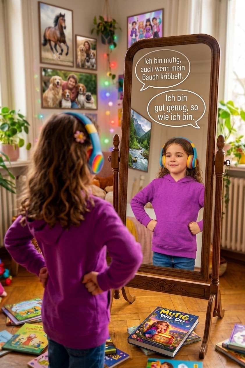 A young girl with wavy brown hair wearing a purple hoodie and colorful headphones stands in her room, looking into a full-length wooden mirror with her hands on her hips. Her reflection shows a smiling, confident expression. Two German speech bubbles originate from her reflection, reading "Ich bin mutig, auch wenn mein Bauch kribbelt" (I am brave, even when I have butterflies in my stomach) and "Ich bin gut genug, so wie ich bin" (I am good enough, just as I am). Books, including one titled "MUTIG WIE DU," lie scattered on the floor around her.