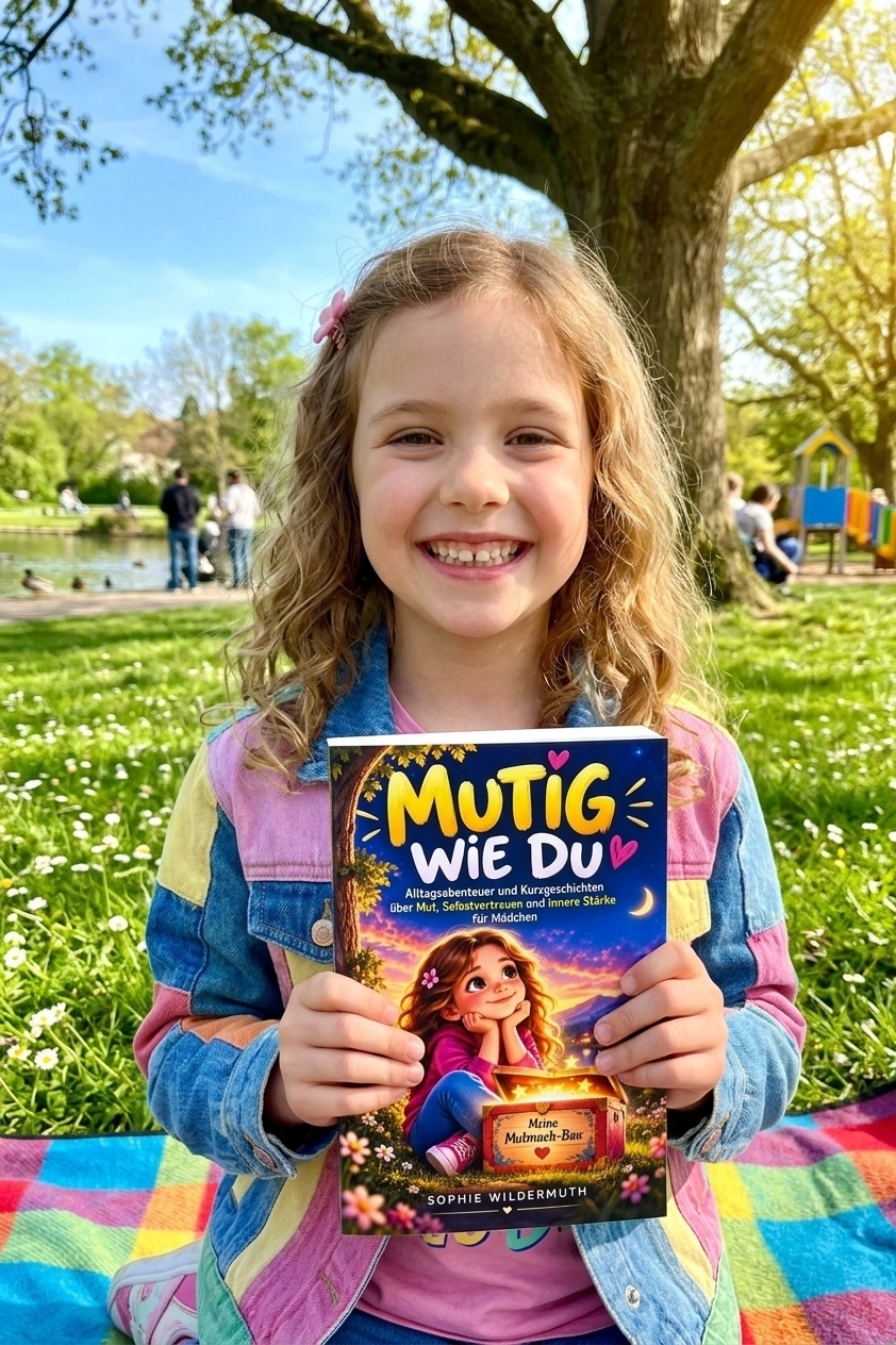 A smiling young girl with blonde wavy hair sitting outdoors on a colorful plaid blanket, holding a copy of the children's book "MUTIG WIE DU" by Sophie Wildermuth. She is wearing a multi-colored patchwork denim jacket, with a sunny green park and trees blurred in the background.