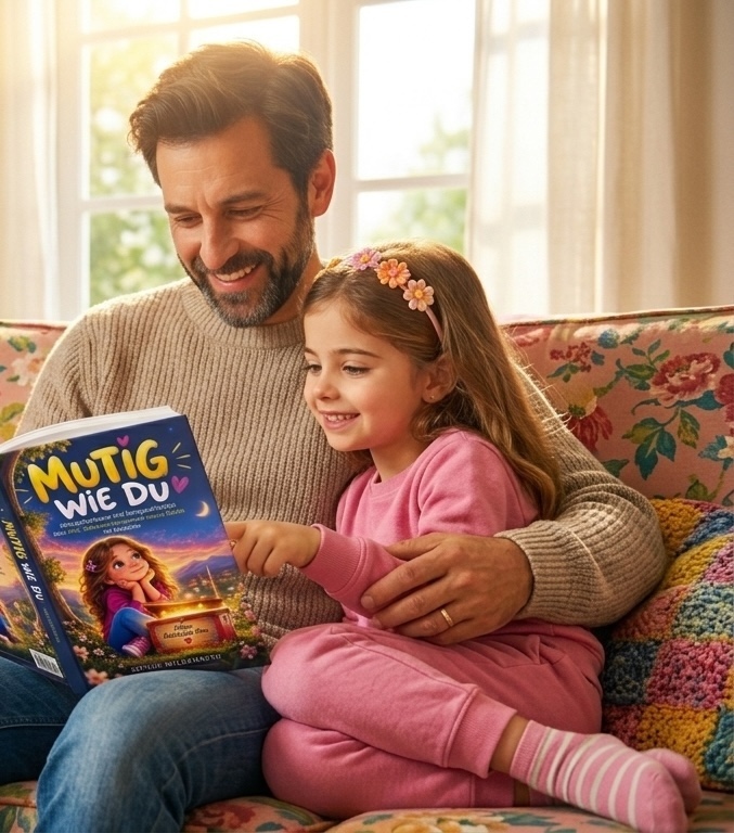 A smiling father wearing a beige knit sweater sits on a floral sofa with his young daughter on his lap. The girl, wearing pink lounge clothes and a floral headband, points at the pages of an open book titled "MUTIG WIE DU" held by her father. Soft natural light streams in through a large window behind them.