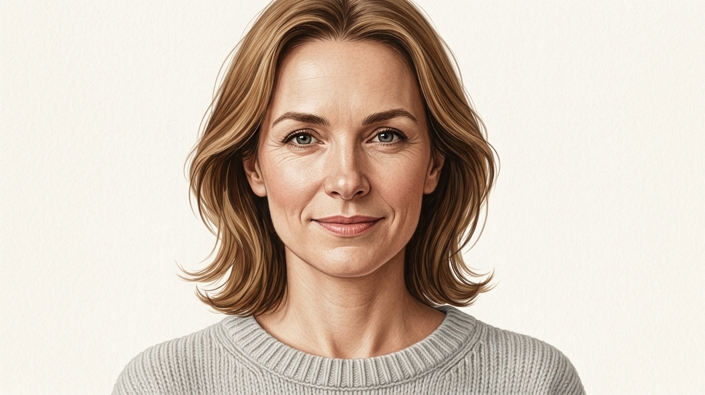 A close-up studio portrait of author Sophie Wildermuth set against a plain, off-white background. She is a smiling woman with shoulder-length, dark blonde wavy hair, wearing a casual light grey crewneck sweater.