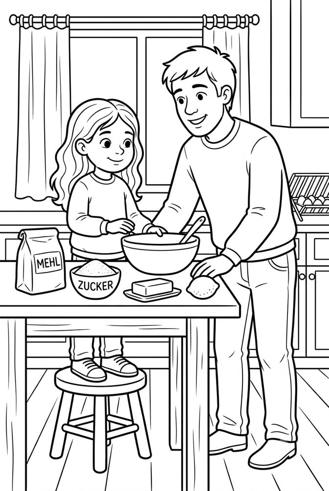 A black and white line art coloring page showing a father and his young daughter baking together in a kitchen. The girl stands on a wooden stool to reach the counter while stirring ingredients in a mixing bowl. On the table are baking ingredients including containers labeled "MEHL" (flour) and "ZUCKER" (sugar), a stick of butter, and a lemon.