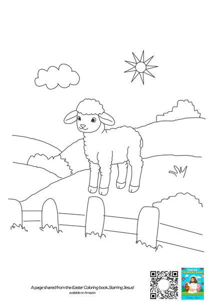 Coloring page of a smiling little lamb standing on green hills by a fence, with a sun and a cloud