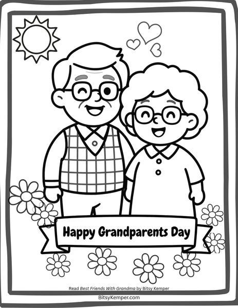 Coloring page of a smiling grandpa and grandma with flowers and a Happy Grandparents Day banner