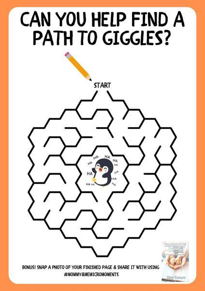 Hexagon maze titled Can you help find a path to giggles, with a laughing penguin in the center