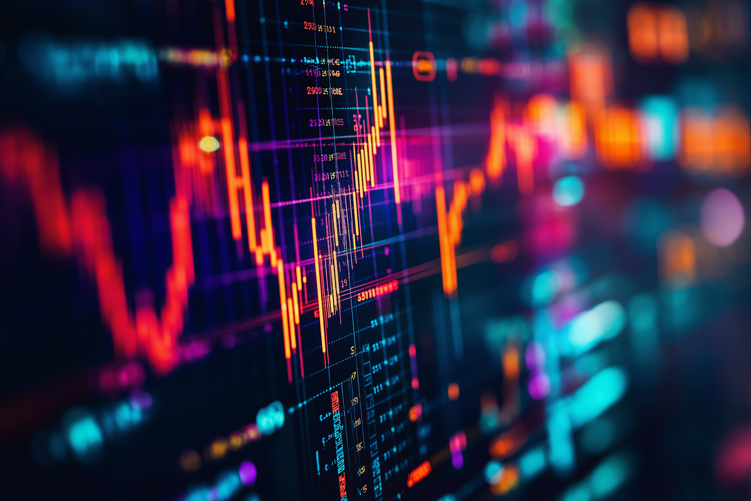Trading terminal with candlestick charts and rising equity curve on a dark screen