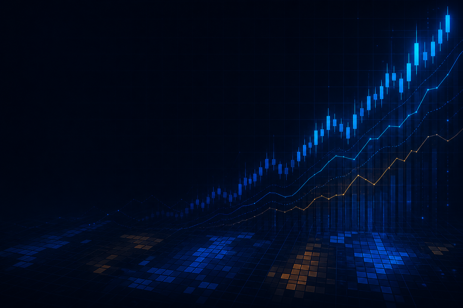 Glowing blue market charts and sector heat map on a dark trading terminal