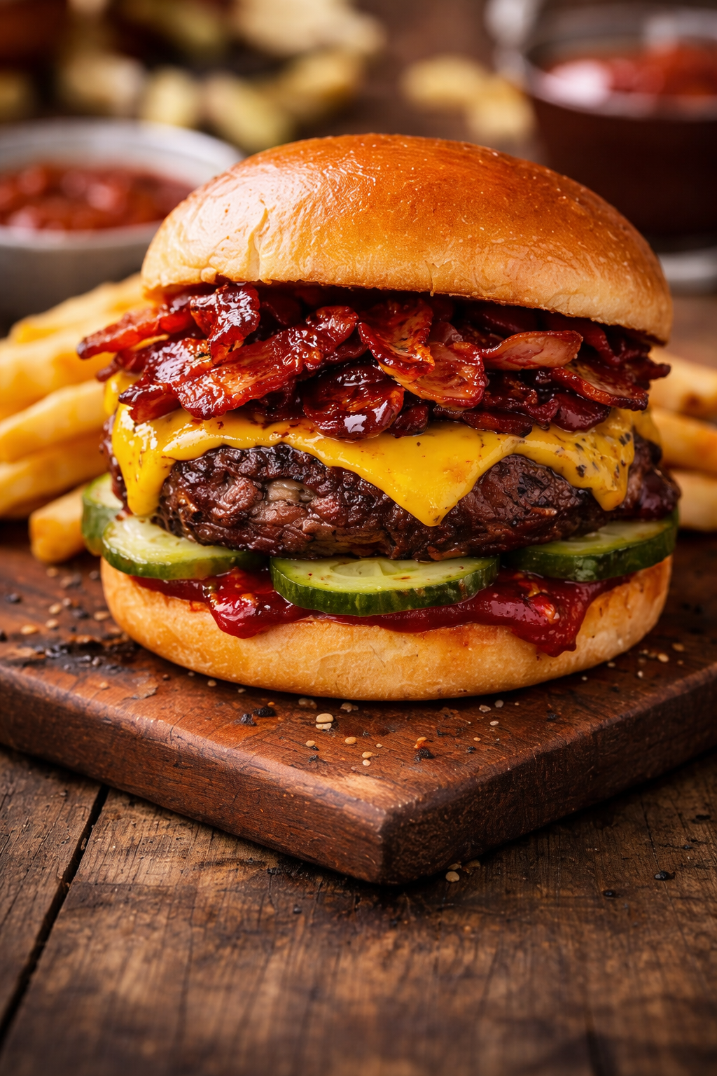 Bacon cheeseburger with candied barbecue bacon and pickles on a wooden board