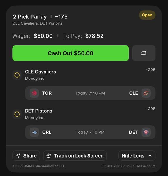 Bonus Play - Cavs and Pistons Moneyline Parlay