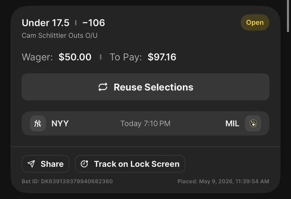 Bonus Play - Schlittler Outs Under 17.5