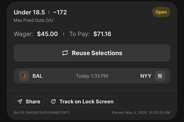 Bonus Play - Max Fried Under 18.5 Outs