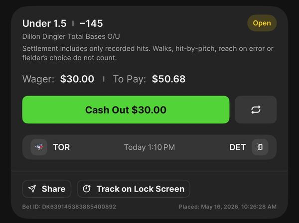 Bonus Play Dillon Dingler U 1.5 Total Bases -145
